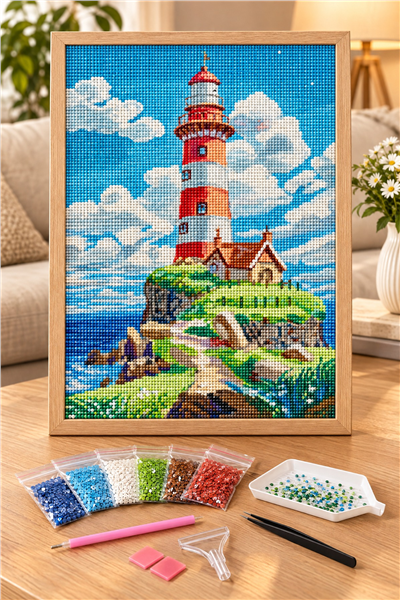 Elmas Boyama Puzzle Kit, Ada Üzerinde Kırmızı Beyaz Deniz Feneri 21x25 cm Mozaik