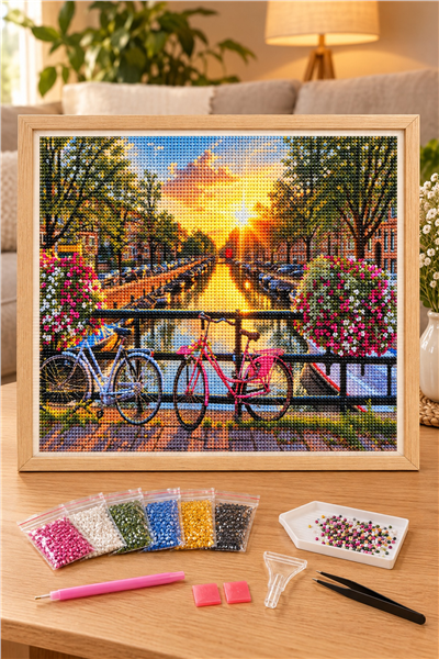 Elmas Boyama Puzzle Kit, Amsterdam Kanalında Bisikletler 50x65 cm Mozaik