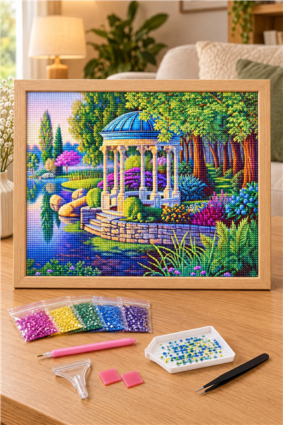 Elmas Boyama Puzzle Kit, Bahçede Beyaz Çardak 50x65 cm Mozaik