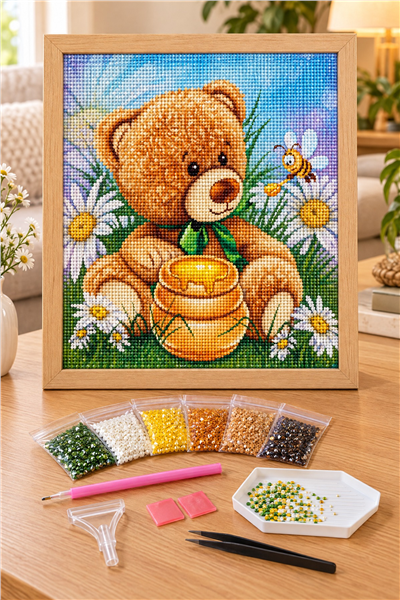 Elmas Boyama Puzzle Kit, Bal Küpü ve Oyuncak Ayı 21x25 cm Mozaik