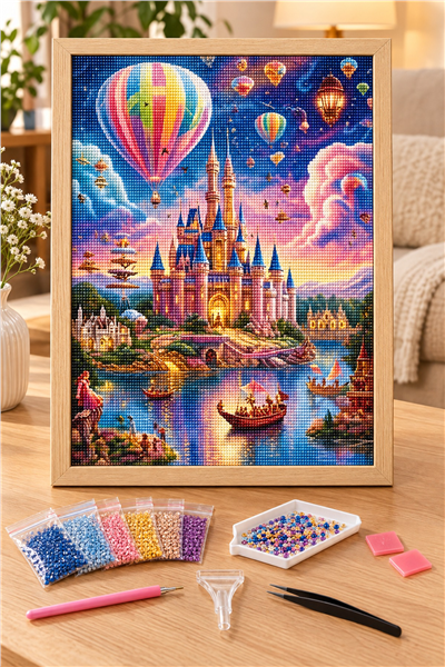 Elmas Boyama Puzzle Kit, Balonlu Gökyüzünde Masal Şatosu 30x40 cm Mozaik