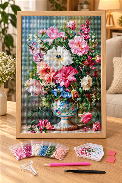 Elmas Boyama Puzzle Kit, Beyaz Porselen Vazoda Kır Çiçekleri 30x40 cm Mozaik