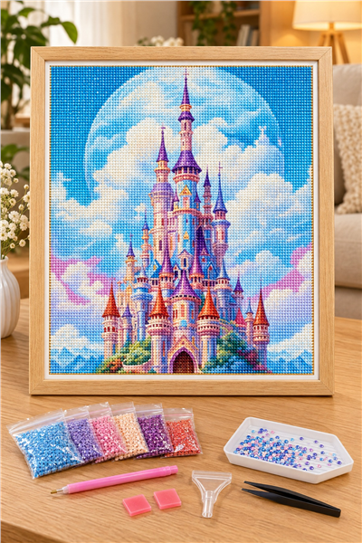 Elmas Boyama Puzzle Kit, Bulutlar Üzerinde Masal Şatosu 30x30 cm Mozaik
