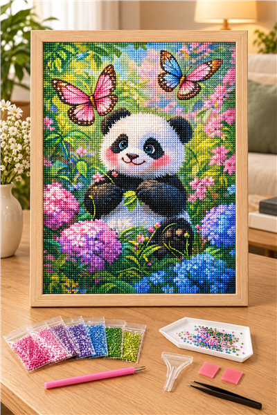 Elmas Boyama Puzzle Kit, Çiçek Bahçesinde Yavru Panda 21x25 cm Mozaik