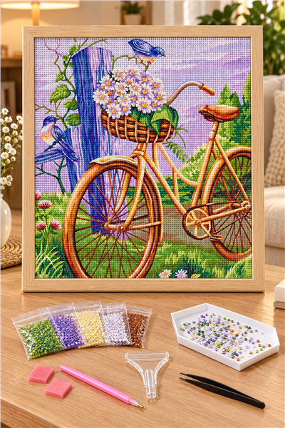 Elmas Boyama Puzzle Kit, Çiçek Sepetli Bisiklet 30x30 cm Mozaik