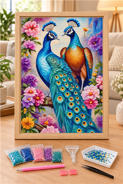 Elmas Boyama Puzzle Kit, Çiçekler Arasında İki Tavus Kuşu 40x50 cm Mozaik