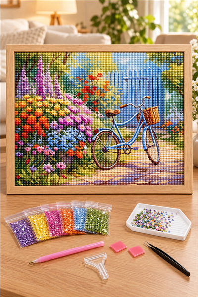Elmas Boyama Puzzle Kit, Çiçekli Bahçede Mavi Bisiklet 40x50 cm Mozaik