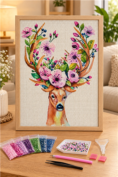 Elmas Boyama Puzzle Kit, Çiçekli Boynuzlu Geyik 21x25 cm Mozaik