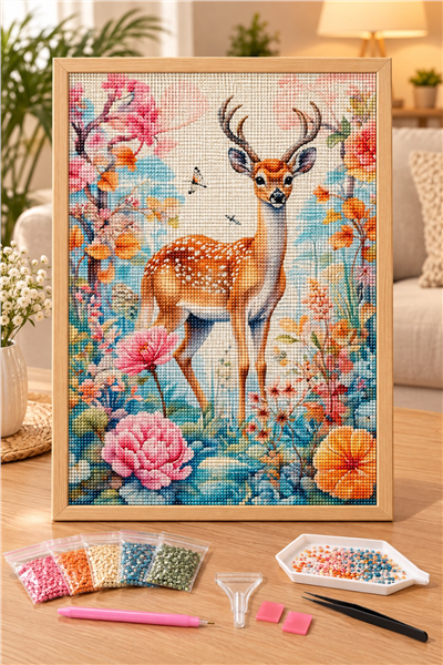 Elmas Boyama Puzzle Kit, Çiçekli Ormanda Benekli Geyik 30x40 cm Mozaik