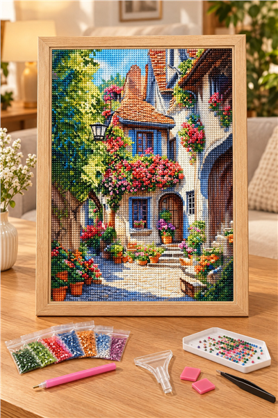 Elmas Boyama Puzzle Kit, Çiçekli Taş Sokak 30x40 cm Mozaik
