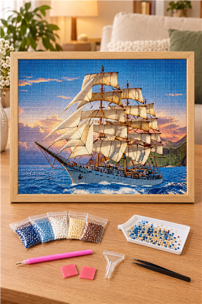 Elmas Boyama Puzzle Kit, Dalgalar Üzerinde Büyük Yelkenli 50x65 cm Mozaik