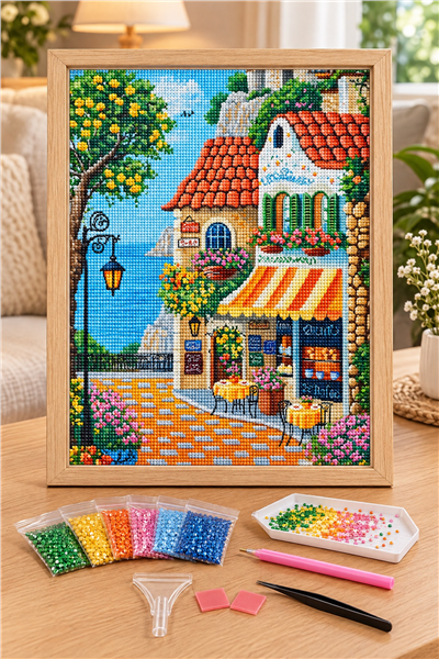 Elmas Boyama Puzzle Kit, Deniz Kenarında Çiçekli Kafe 40x50 cm Mozaik