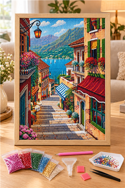 Elmas Boyama Puzzle Kit, Deniz Manzaralı Taş Merdivenli Sokak 50x65 cm Mozaik