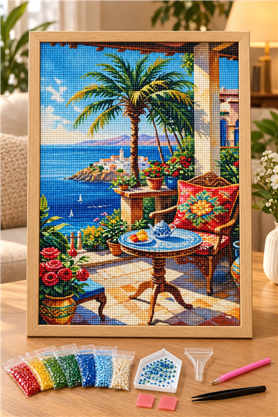 Elmas Boyama Puzzle Kit, Deniz Manzaralı Akdeniz Terası 30x40 cm Mozaik