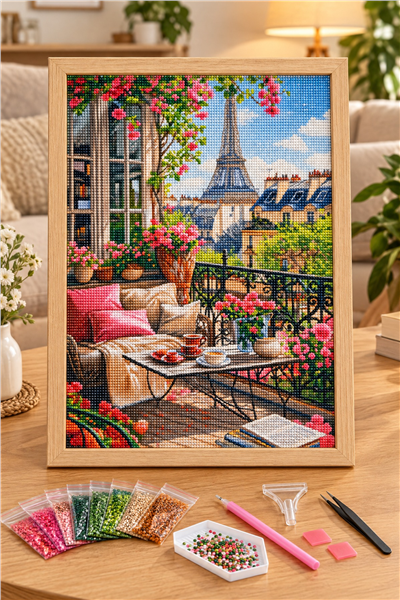 Elmas Boyama Puzzle Kit, Eyfel Manzaralı Çiçekli Balkon 50x65 cm Mozaik