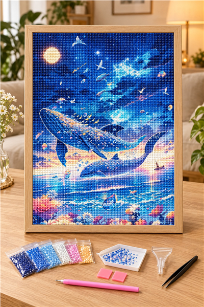 Elmas Boyama Puzzle Kit, Gece Okyanusunda Uçan Balinalar 21x25 cm Mozaik