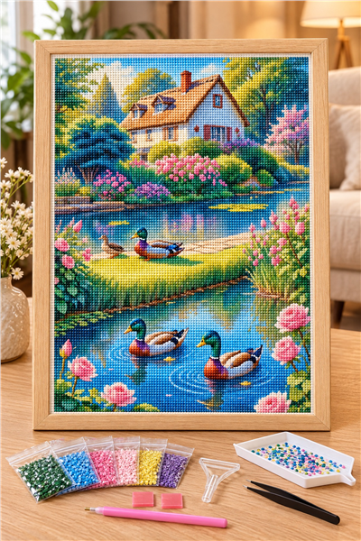 Elmas Boyama Puzzle Kit, Göl Kenarında Yaban Ördekleri 30x40 cm Mozaik