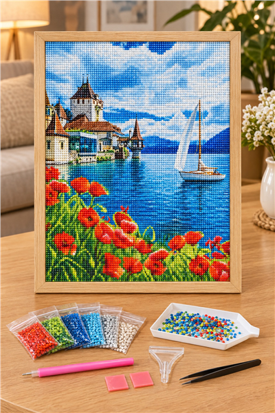 Elmas Boyama Puzzle Kit, Göl Kenarında Gelincikler ve Yelkenli 21x25 cm Mozaik