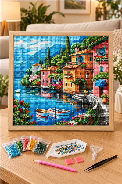 Elmas Boyama Puzzle Kit, Göl Kıyısında İtalyan Kasabası 50x65 cm Mozaik