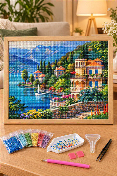 Elmas Boyama Puzzle Kit, Göl Kıyısında Villa 50x65 cm Mozaik