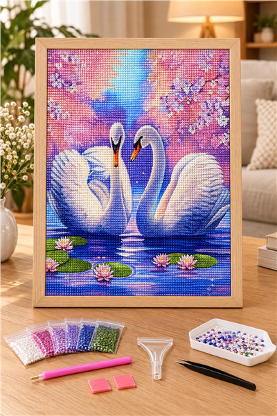 Elmas Boyama Puzzle Kit, Göldeki Kuğular 21x25 cm Mozaik