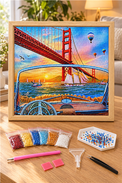 Elmas Boyama Puzzle Kit, Golden Gate Köprüsü ve Balonlar 50x65 cm Mozaik
