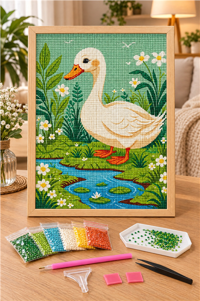 Elmas Boyama Puzzle Kit, Gölet Kenarında Beyaz Ördek 21x25 cm Mozaik