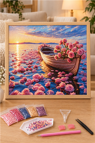 Elmas Boyama Puzzle Kit, Gül Yaprakları Arasında Sandal 30x40 cm Mozaik