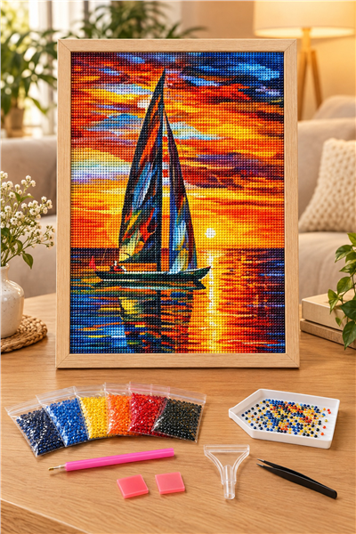 Elmas Boyama Puzzle Kit, Gün Batımında Yelkenli 21x25 cm Mozaik