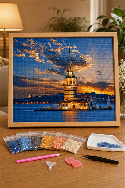 Elmas Boyama Puzzle Kit, Gün Batımında Kız Kulesi 40x50 cm Mozaik