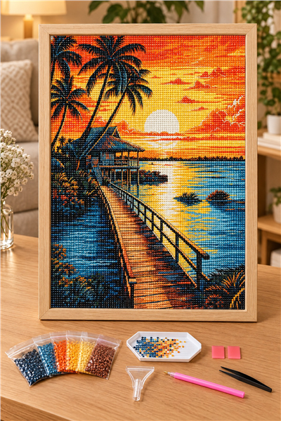 Elmas Boyama Puzzle Kit, Gün Batımında Ahşap İskele 40x50 cm Mozaik