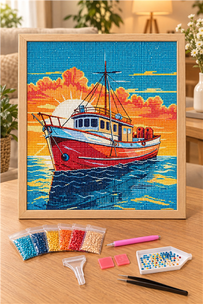 Elmas Boyama Puzzle Kit, Gün Batımında Kırmızı Balıkçı Teknesi 30x30 cm Mozaik