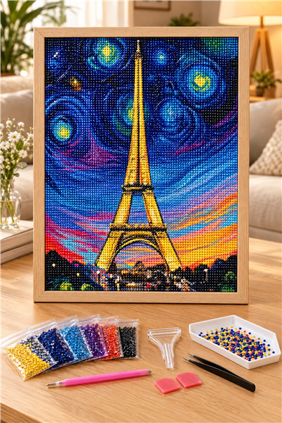 Elmas Boyama Puzzle Kit, Gün Batımında Eyfel Kulesi 21x25 cm Mozaik