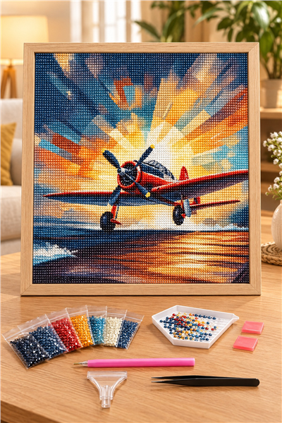 Elmas Boyama Puzzle Kit, Gün Batımında Kırmızı Uçak 30x30 cm Mozaik