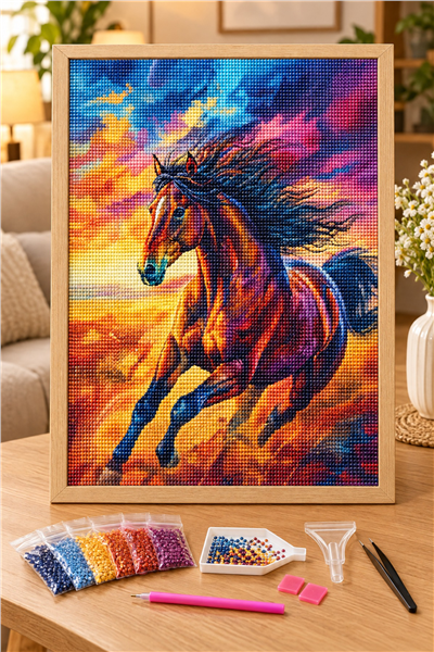 Elmas Boyama Puzzle Kit, Gün Batımında Koşan At 30x40 cm Mozaik