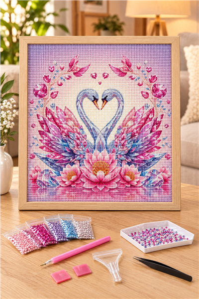 Elmas Boyama Puzzle Kit, Kalp Şeklinde Kristal Kuğular 30x30 cm Mozaik