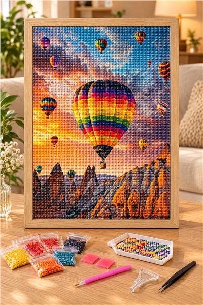 Elmas Boyama Puzzle Kit, Kapadokya Peribacaları ve Balonlar 30x40 cm Mozaik