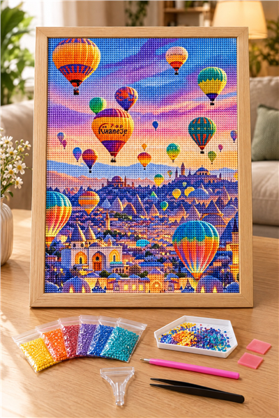 Elmas Boyama Puzzle Kit, Kapadokya Üzerinde Balonlar 40x50 cm Mozaik