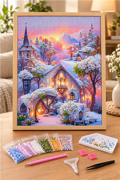 Elmas Boyama Puzzle Kit, Karlı Masal Köyü 30x40 cm Mozaik
