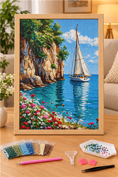 Elmas Boyama Puzzle Kit, Kayalık Koyda Beyaz Yelkenli 50x65 cm Mozaik