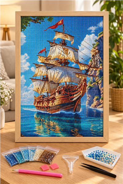 Elmas Boyama Puzzle Kit, Kayalıklar Arasında Yelkenli Gemi 30x40 cm Mozaik