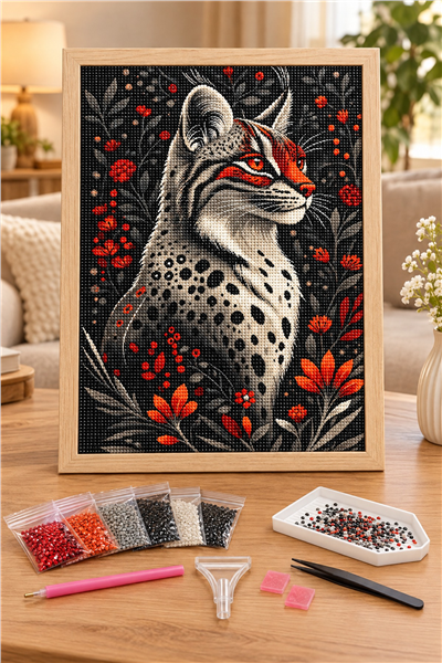 Elmas Boyama Puzzle Kit, Kırmızı Çiçekler Arasında Vaşak 21x25 cm Mozaik