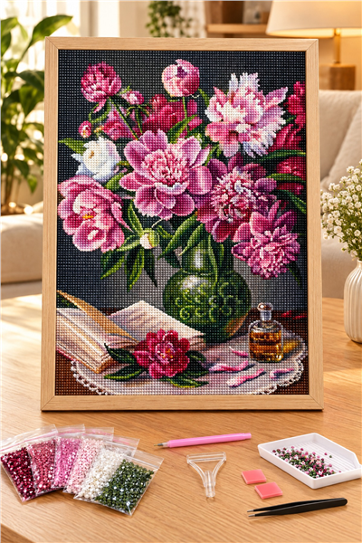 Elmas Boyama Puzzle Kit, Kitap ve Parfümle Mor Şakayıklar 40x50 cm Mozaik
