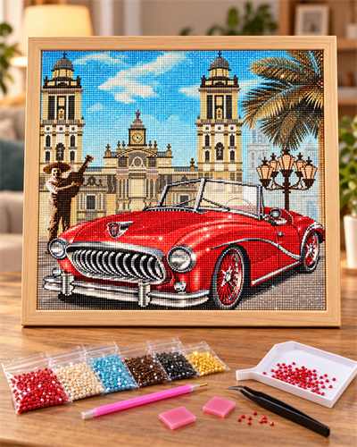 Elmas Boyama Puzzle Kit, Klasik Kırmızı Üstü Açık Araba 40x50 cm Mozaik