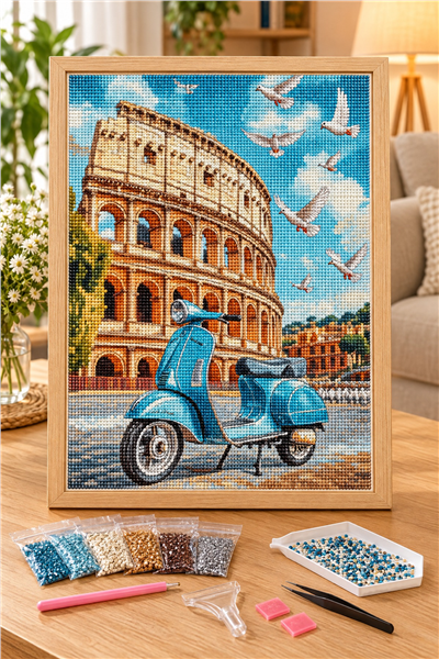 Elmas Boyama Puzzle Kit, Kolezyum ve Vespa 30x40 cm Mozaik