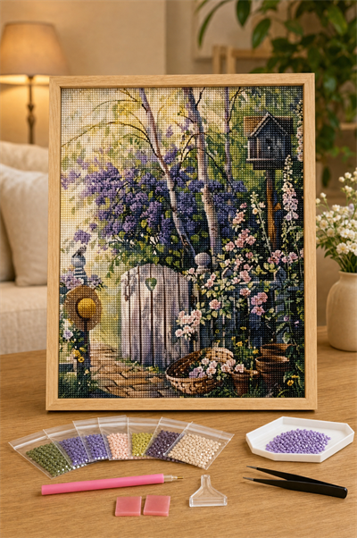 Elmas Boyama Puzzle Kit, Kuş Evi ve Bahçe Kapısı 40x50 cm Mozaik