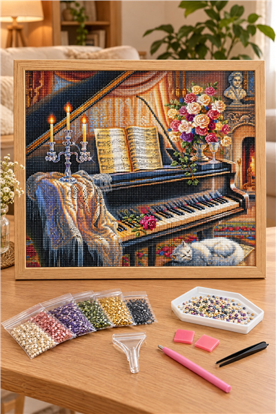 Elmas Boyama Puzzle Kit, Kuyruklu Piyano ve Uyuyan Beyaz Kedi 50x65 cm Mozaik