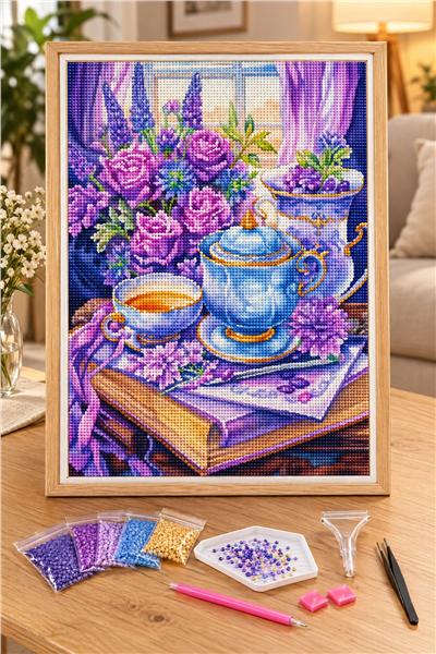 Elmas Boyama Puzzle Kit, Lavanta ve Mor Güllerle Çay Keyfi 30x40 cm Mozaik