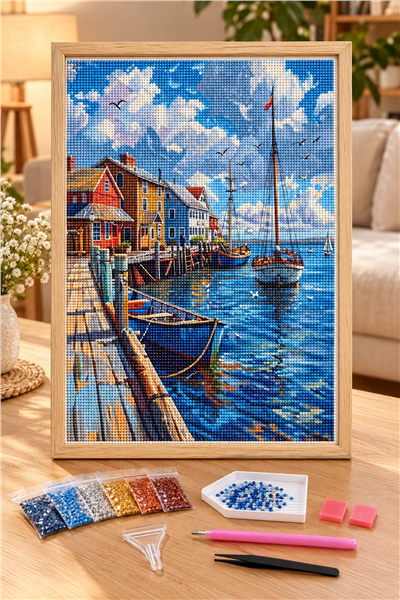 Elmas Boyama Puzzle Kit, Limanda Yelkenli ve Ahşap İskele 40x50 cm Mozaik