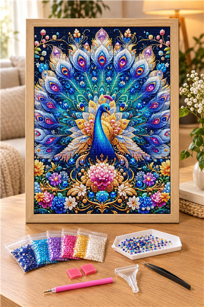 Elmas Boyama Puzzle Kit, Mandala Çiçekli Tavus Kuşu 30x40 cm Mozaik